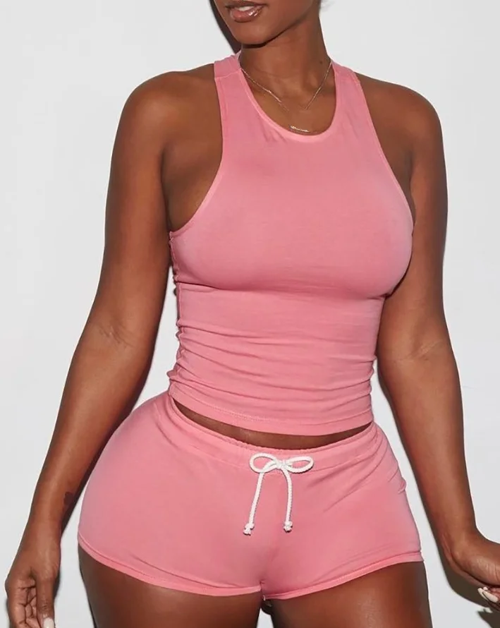 

European and American women's clothing 2024 summer new women's casual daily O-neck Racer vest drawstring shorts set