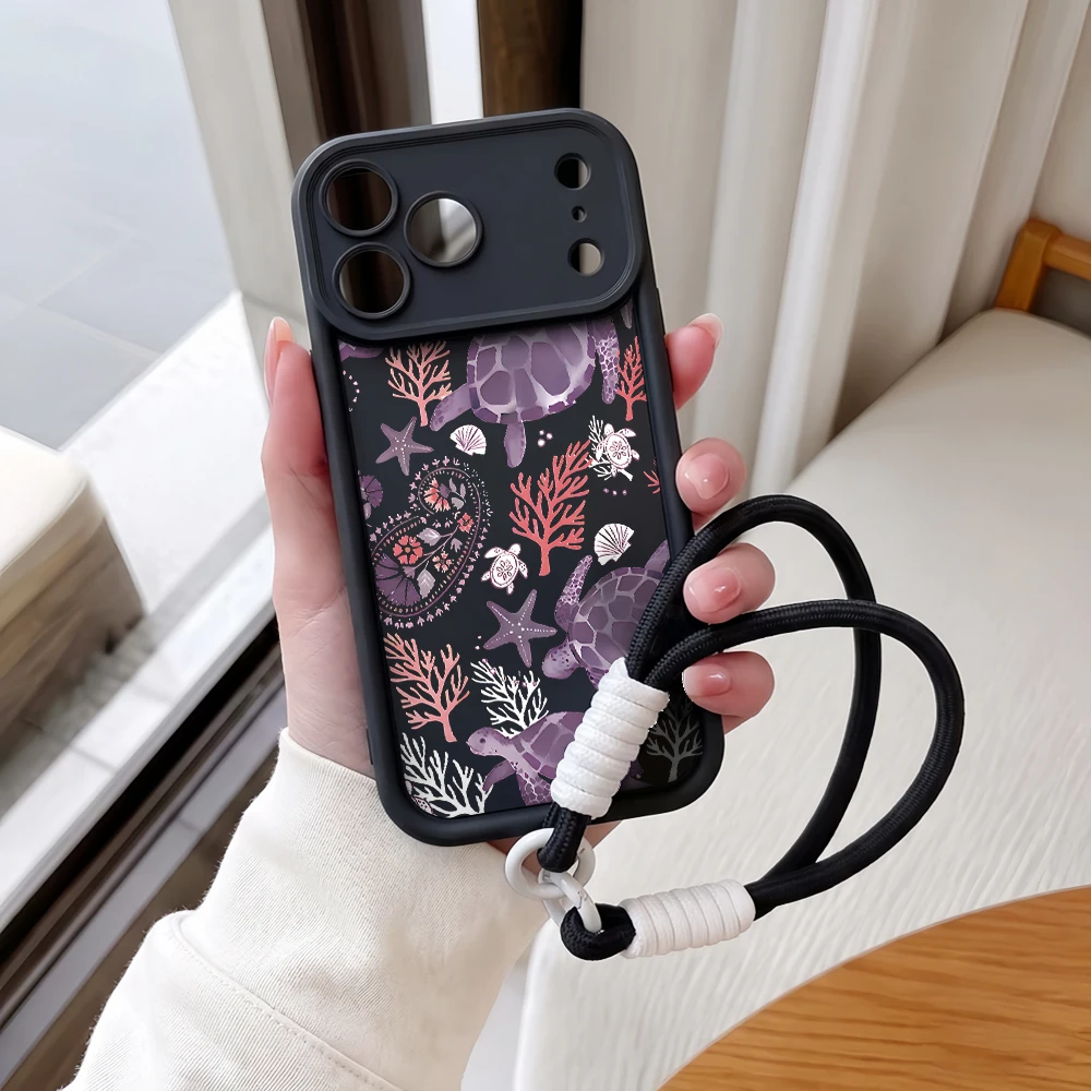 Meeresschildkröten-Korallen-Lanyard-Handyhülle für iPhone 12 13 14 15 16 17 Pro Max 16 15 14 Pro Plus 17E Stoßfeste Matte Silikonhülle – Detail 3