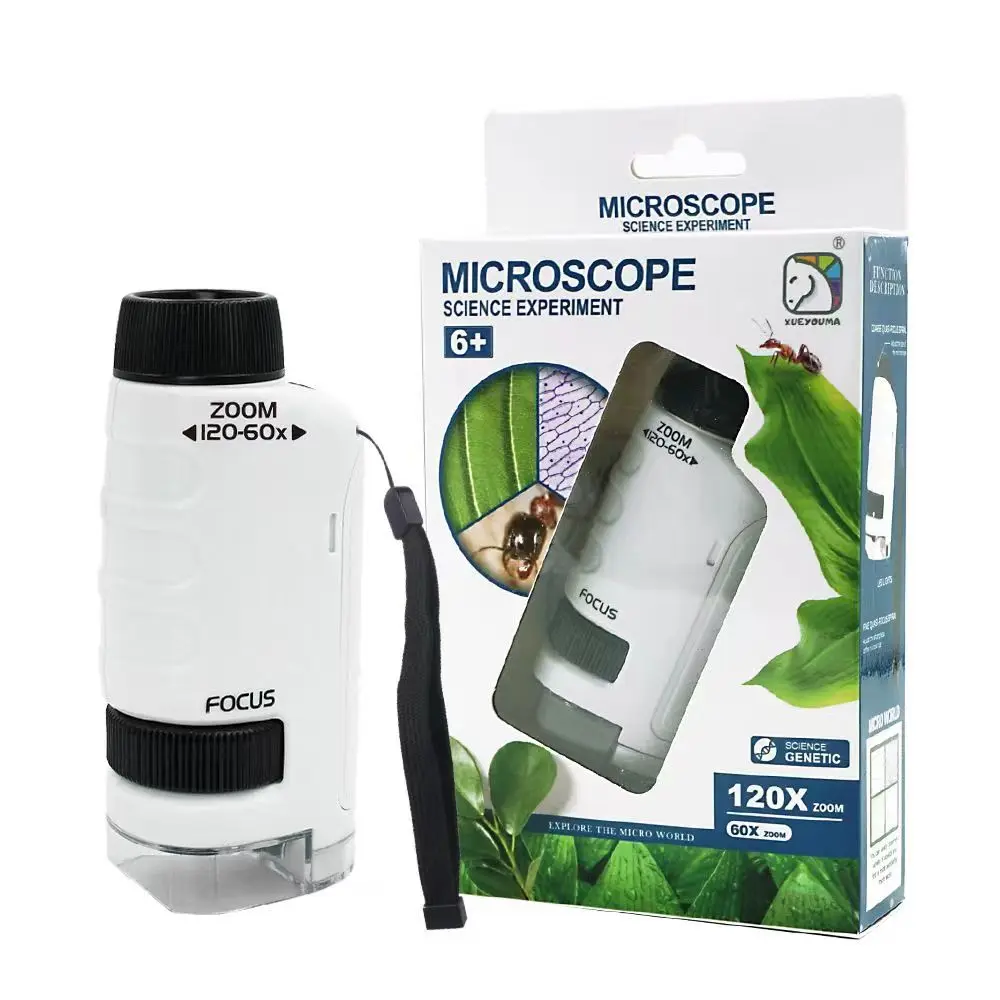 Pocket Microscope 60-120X Kids Science Toy Mini Handheld Microscopio Kit with LED Light for Children Biological Education