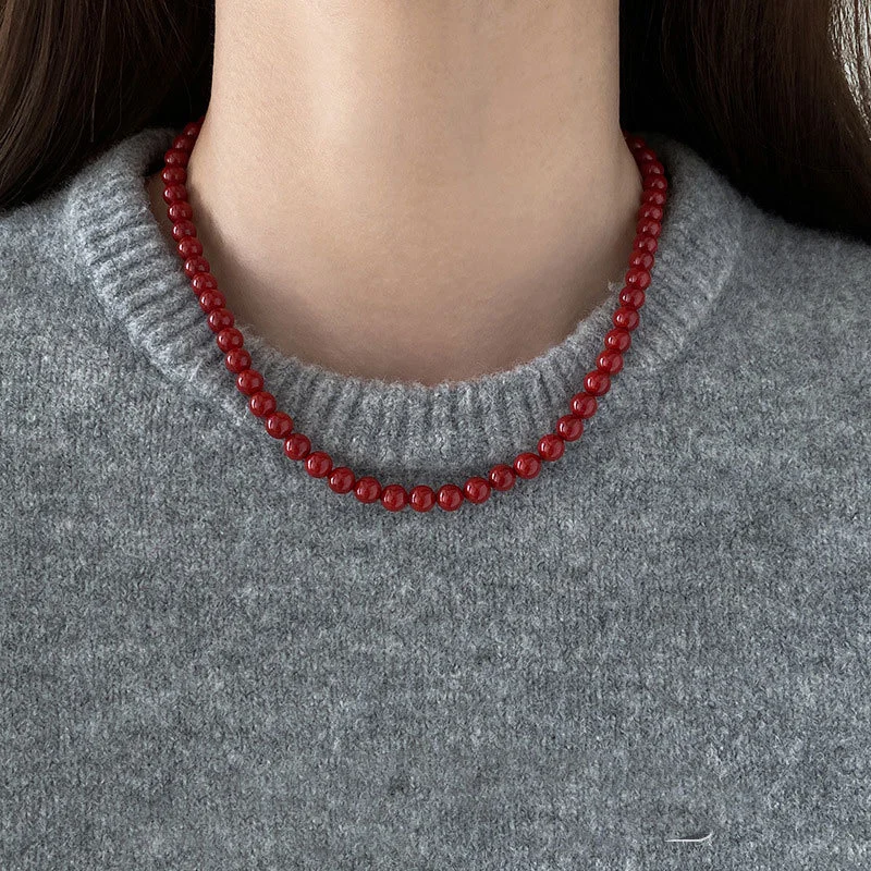 6–12 mm runde rote Glasperlen Strang Perlen Halskette Halsband für Frauen Großhandel versilberte Kette Halsreifen Schmuck Neujahrsgeschenk – Detail 2