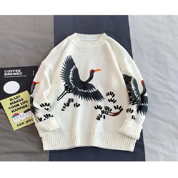 Crane Bird Y2K stampa maglioni Vintage per uomo bianco nero Hip Hop Fashion Pullover inverno autunno Streetwear Harajuku manica lunga