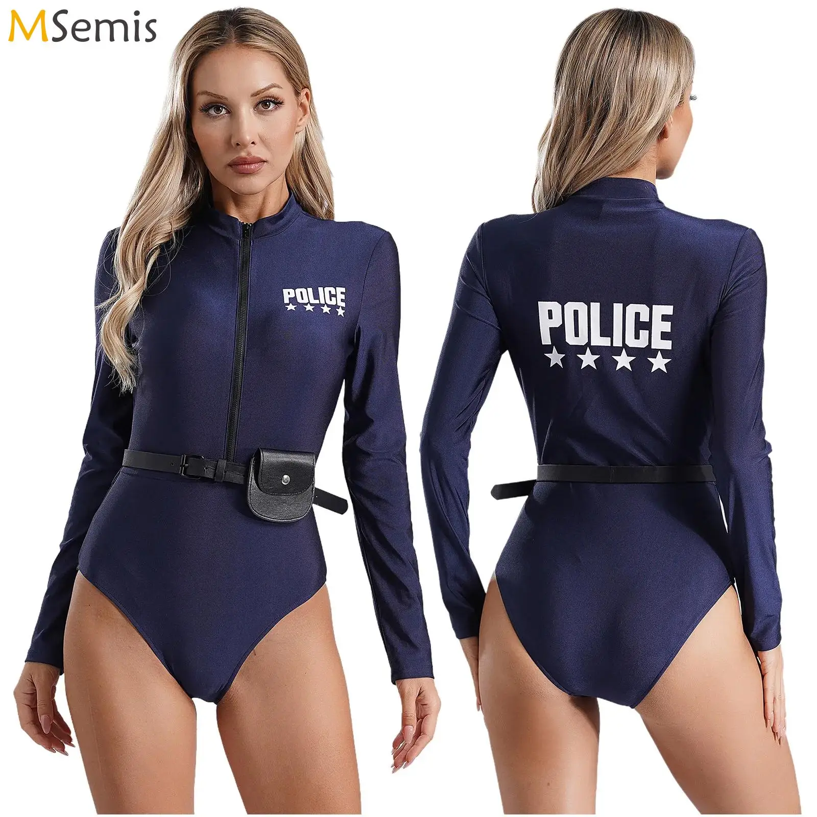 Kostum Cosplay wanita dewasa, Jumpsuit ritsleting depan seksi dengan dompet sabuk, seragam polisi polisi polisi kotor