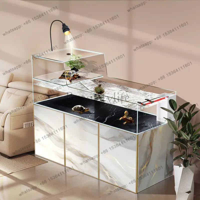 A new large glass water and land breeding tank for home use with ultra-white bottom filtration circulation without water change