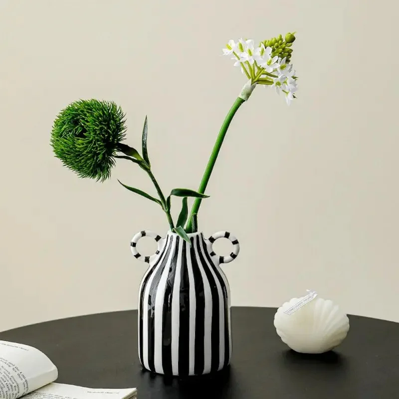 Nordic Hand-Painted Striped Ceramic Vase, Double Handle Floral Decor