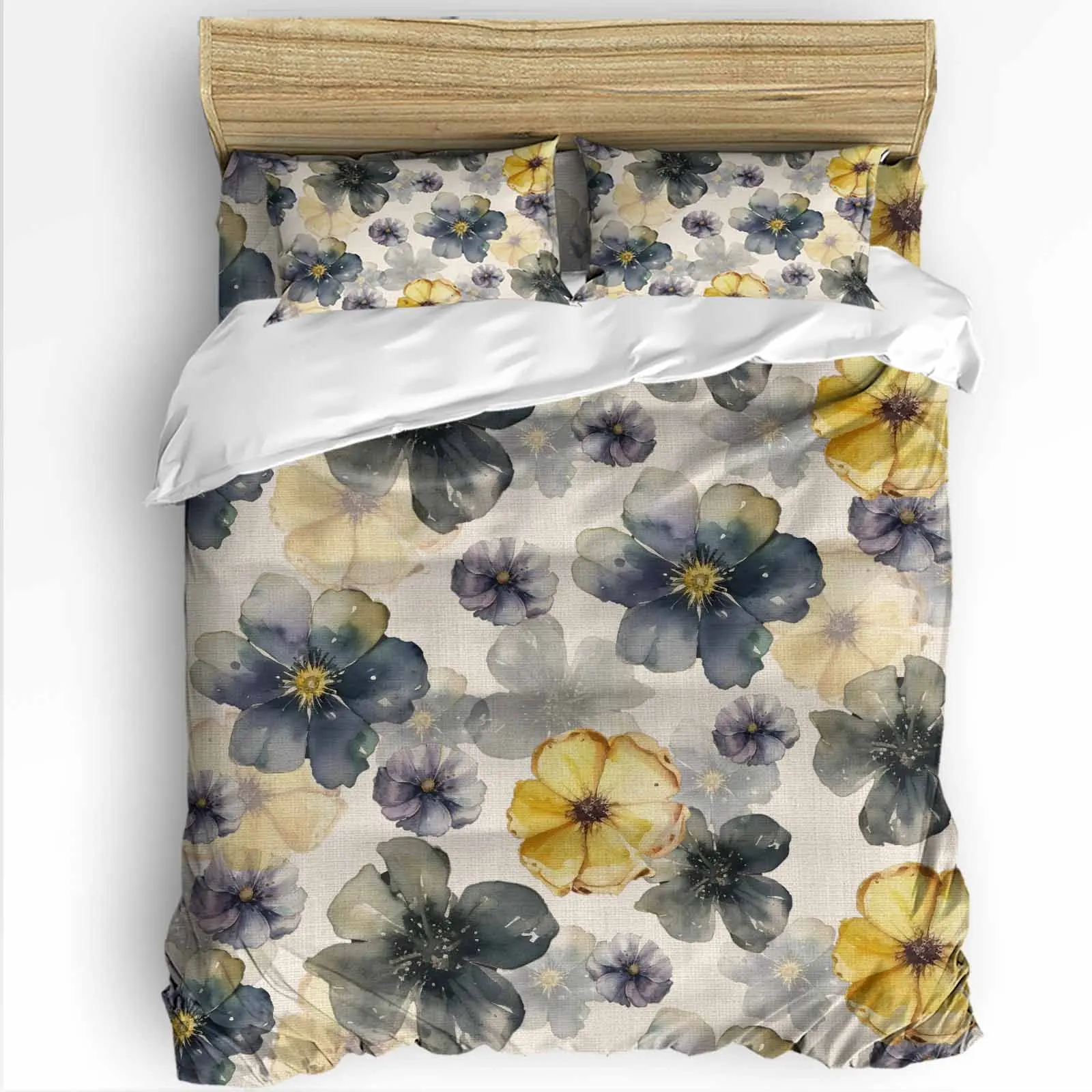 Purple Flowers Watercolor The-4piece Textile Set on the Bed Includes Two Pillowcases One Duvet cases One Bedsheet Customization