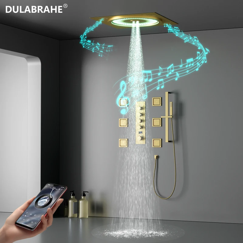 DULABRAHE Geborsteld goud 20 inch roestvrijstalen LED-douchekop met muziek Koud en warm digitaal display Douchekraanset