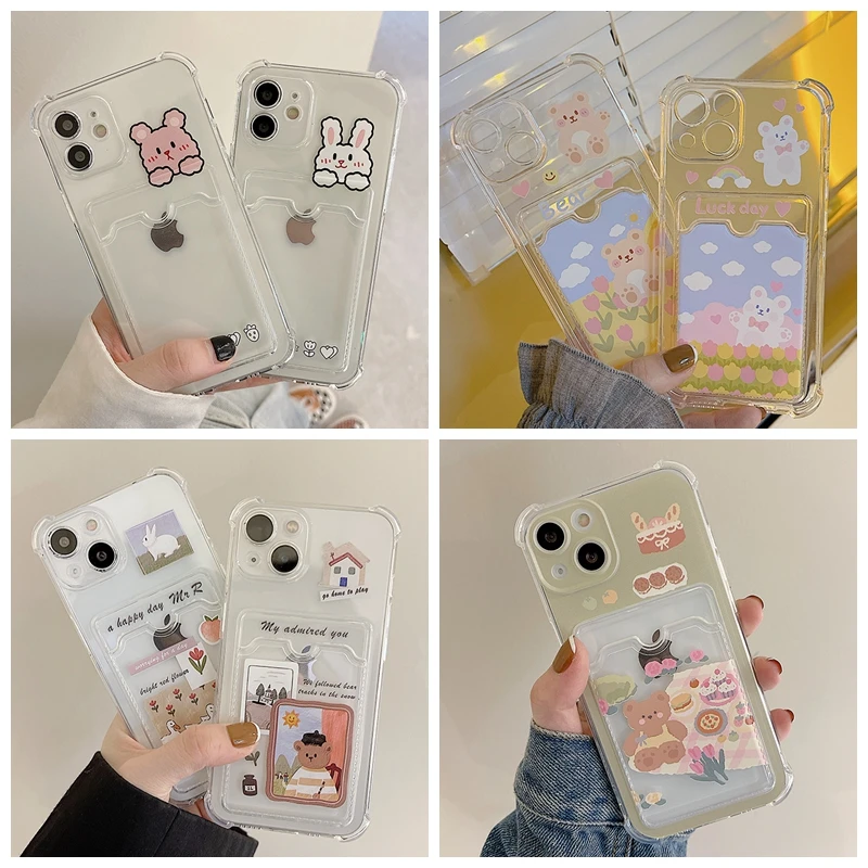 Card Slot Pocket Case For iPhone 15 14 12 13 mini 11 Pro Max XR XS Max 7 8 Plus Clear Cute Bear Rabbit Soft TPU Shockproof Cover