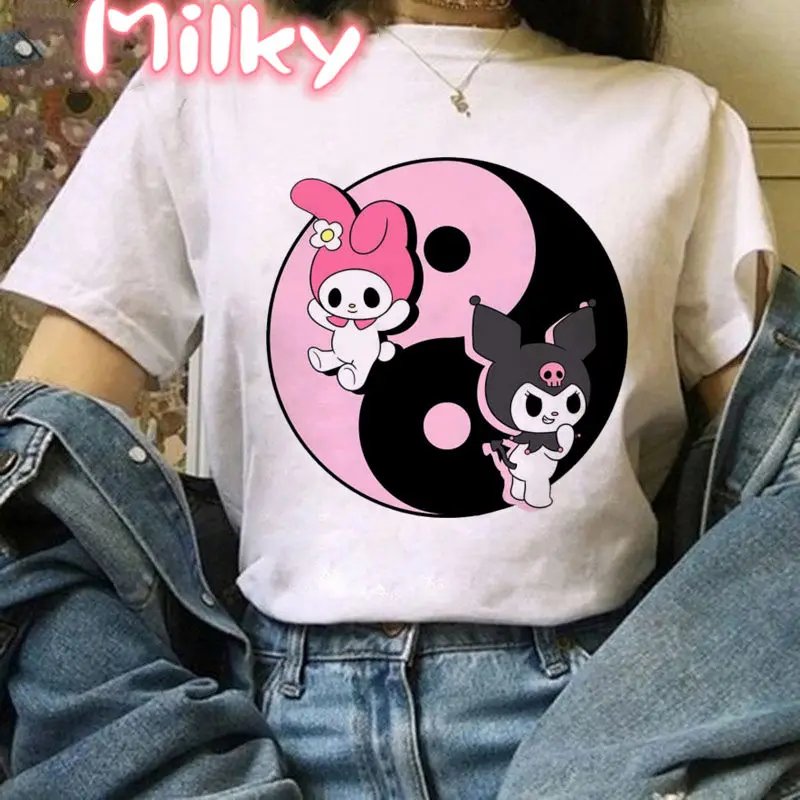 Kawaii My Melody T Shirt Oversized Kuromi Printed Cartoon T-shirts Streetwear Short Sleeve Cute Sweet Girl Tops Odzież damska