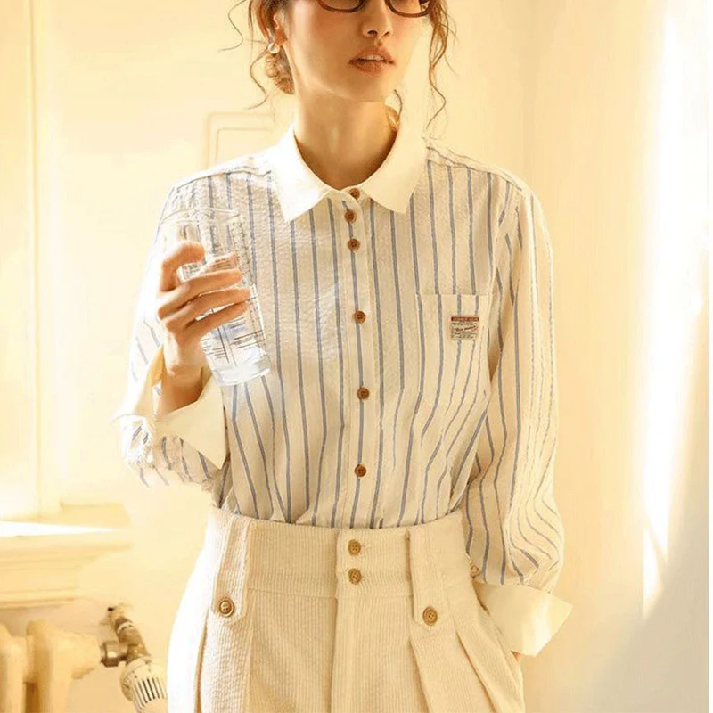 

Long Sleeve All-match Shirt Top Women's Clothing Spring Autumn Preppy Style Polo-neck Striped Printed Loose Casual Blouse Ladies