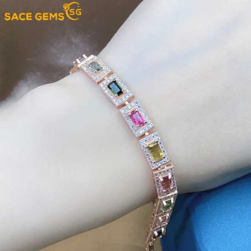 SACE GEMS New 925 Sterling Silver 3*5MM Natural Tourmaline Gemstone Bracelrts for Women Engagement Cocktail Party Fine Jewelry