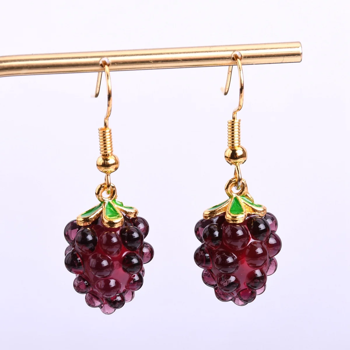 

Purple Grape Earring Cute Handmade Lampwork Glass Fruit Dangle Drop Hook Earrings For Women Jewelry Gift