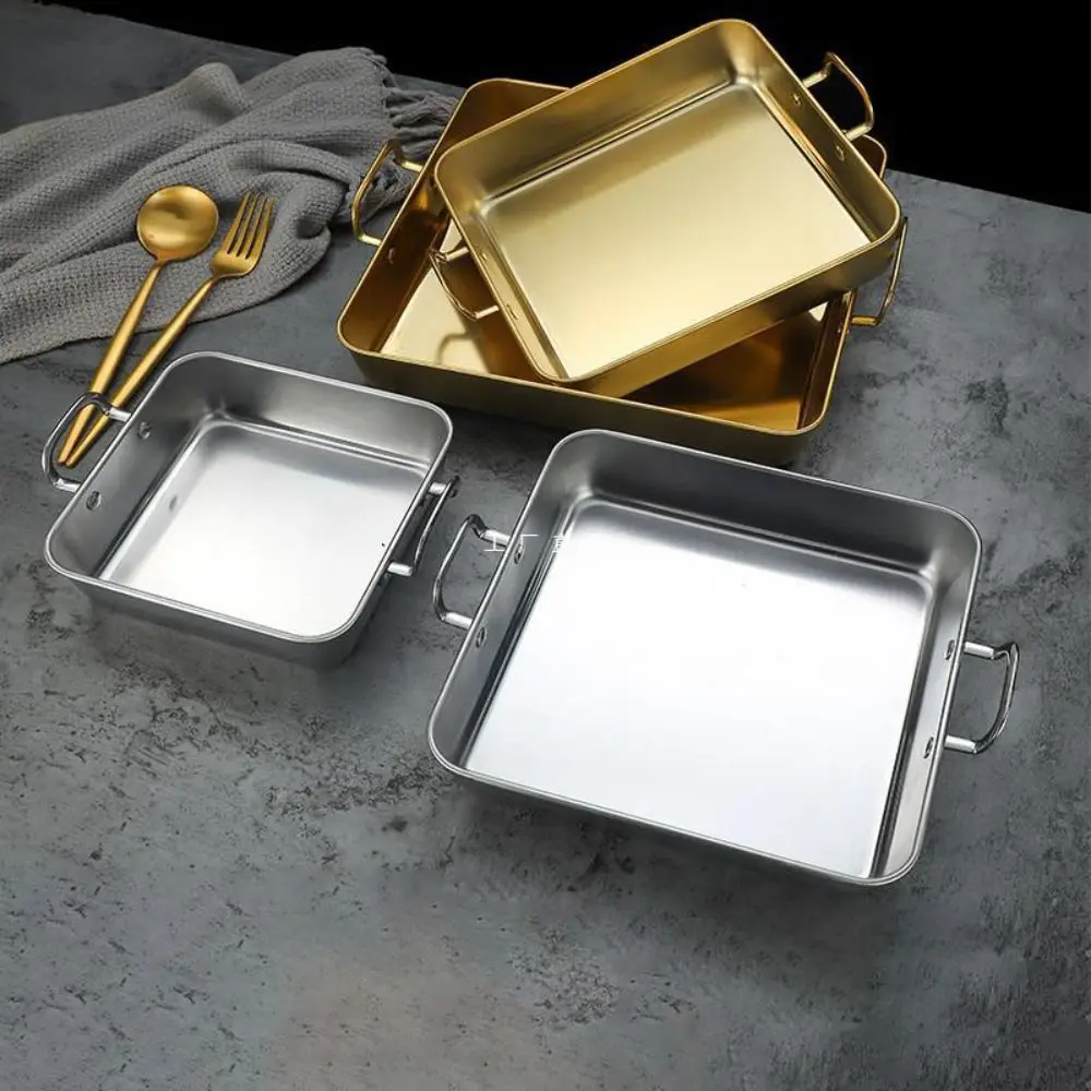 

Stainless Steel Square Food Serving Trays Binaural Handle Korean Snack Dishes Gold/Silver Flat Bottom BBQ Plate Fruit