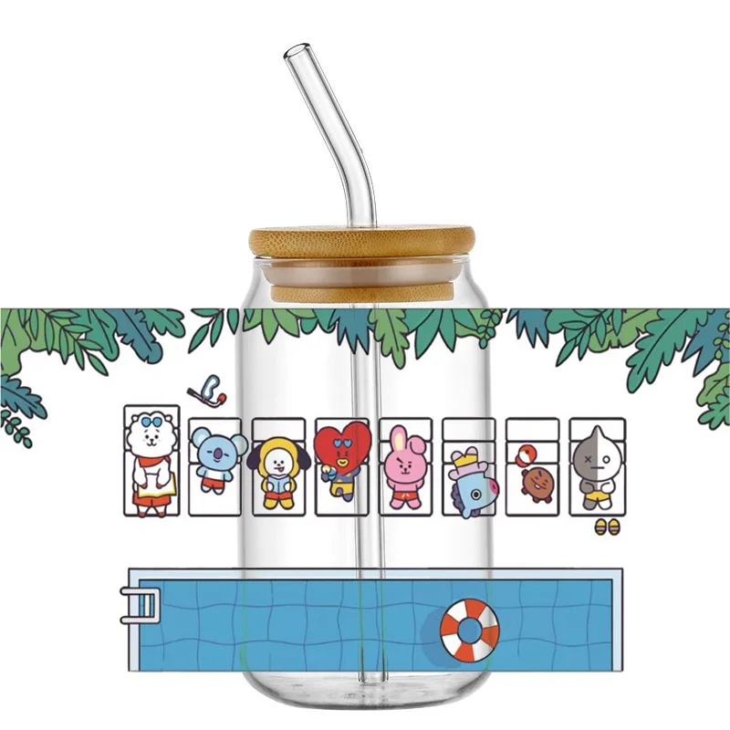 Miniso Cute cartoon pattern 16oz UV DTF Cup Wrap Libbey Glass Beer Can tumbler Transfer Stickers Waterproof Permanent Adhesive