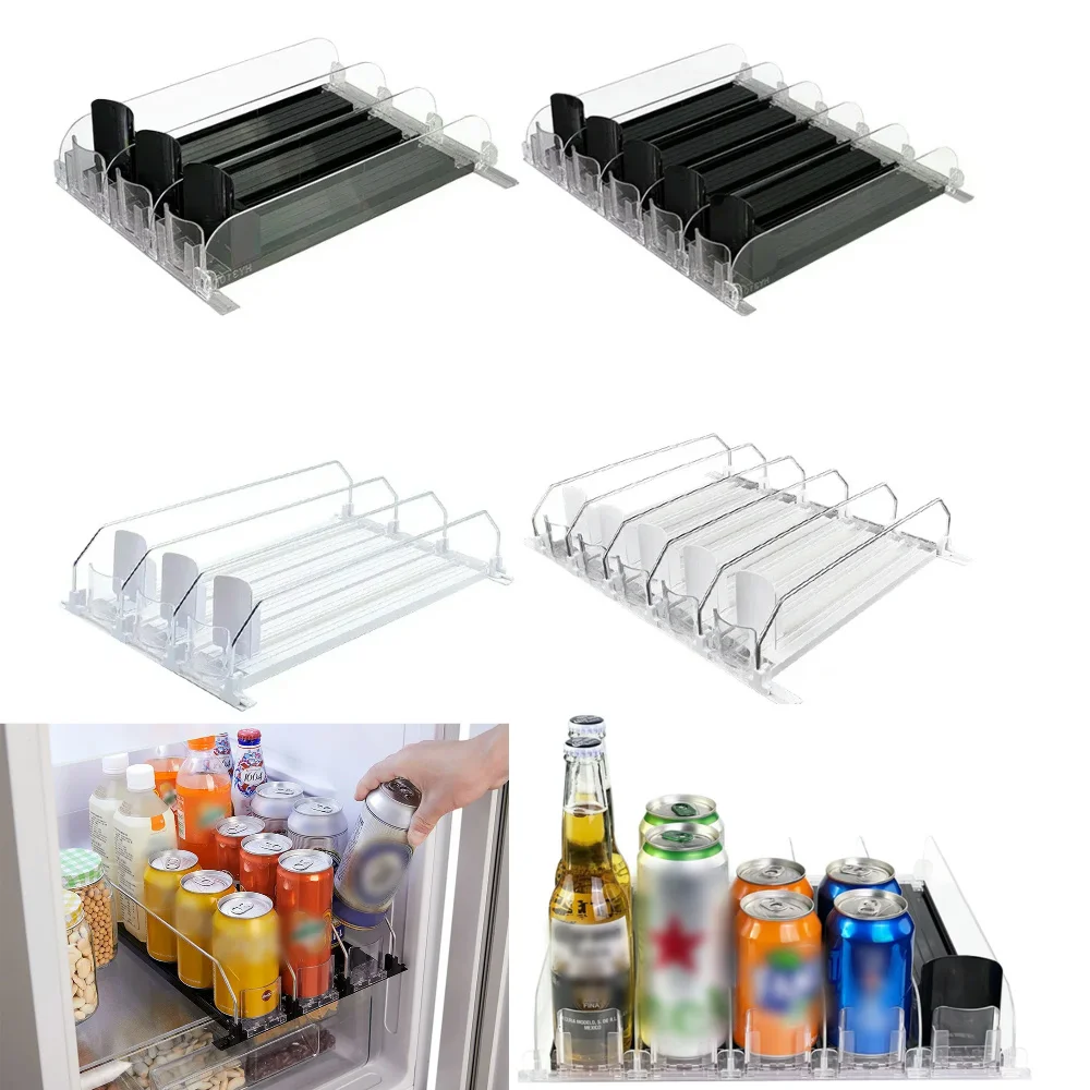 Drink Organizer Dispenser Spring Push Beverage Pusher Shelf Adjustable Width Can Shelf Pusher E-shaped Glide for Kitchen Fridge