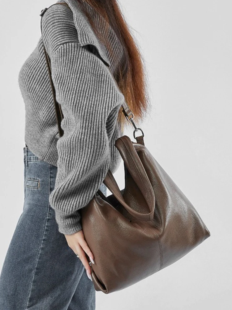 Zency 100% Genuine Leather Fashion Women Shoulder Bag Retro Coffee Hobos Roomy Tote Handbag Crossbody Messenger Solid Black Sac