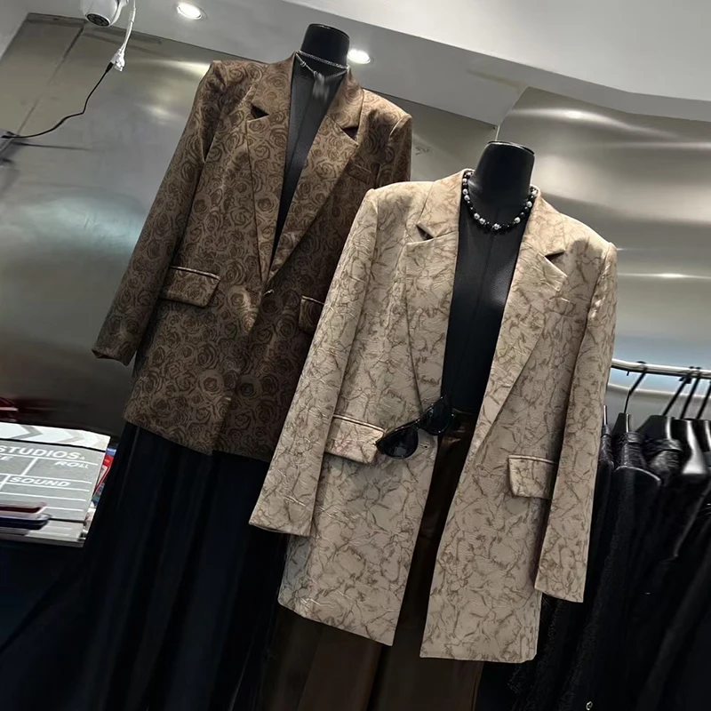 KBQ Temperament Hit Farbe Druck Blazer für Frauen Kerb Kragen Langarm Verstärkte Taschen Chic Set Weibliche Mode Stil Neue