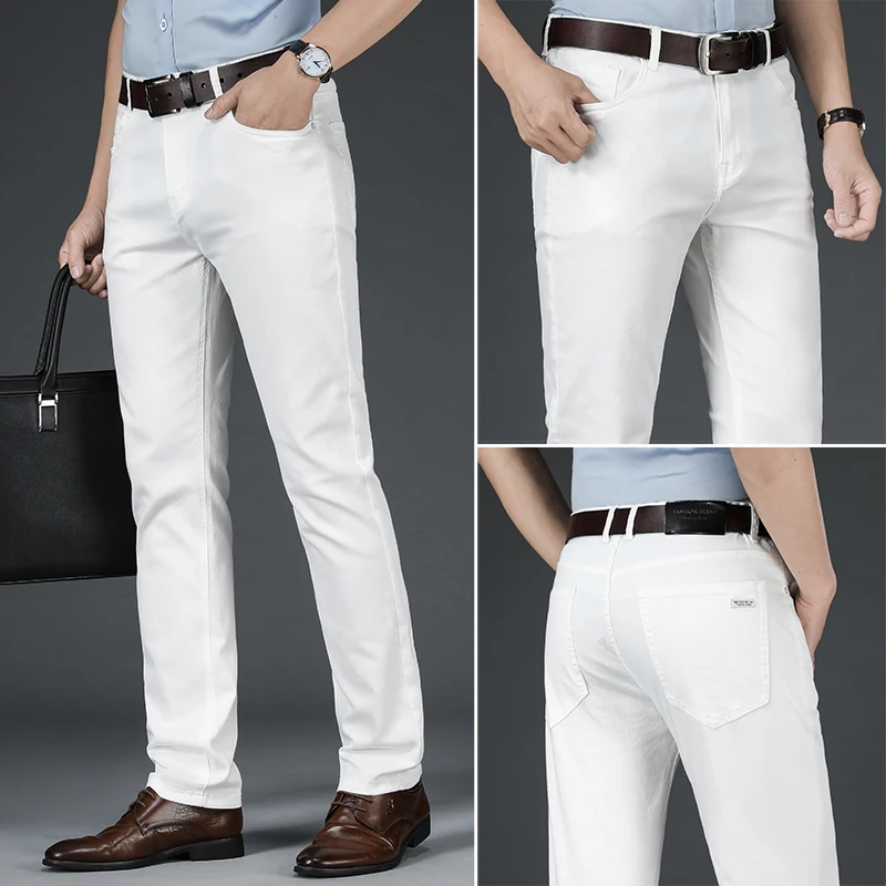 

2024 All White Jeans Regular Straight Washed Classic Denim Pants Brand Male Casual Trousers Four Seasons Wear