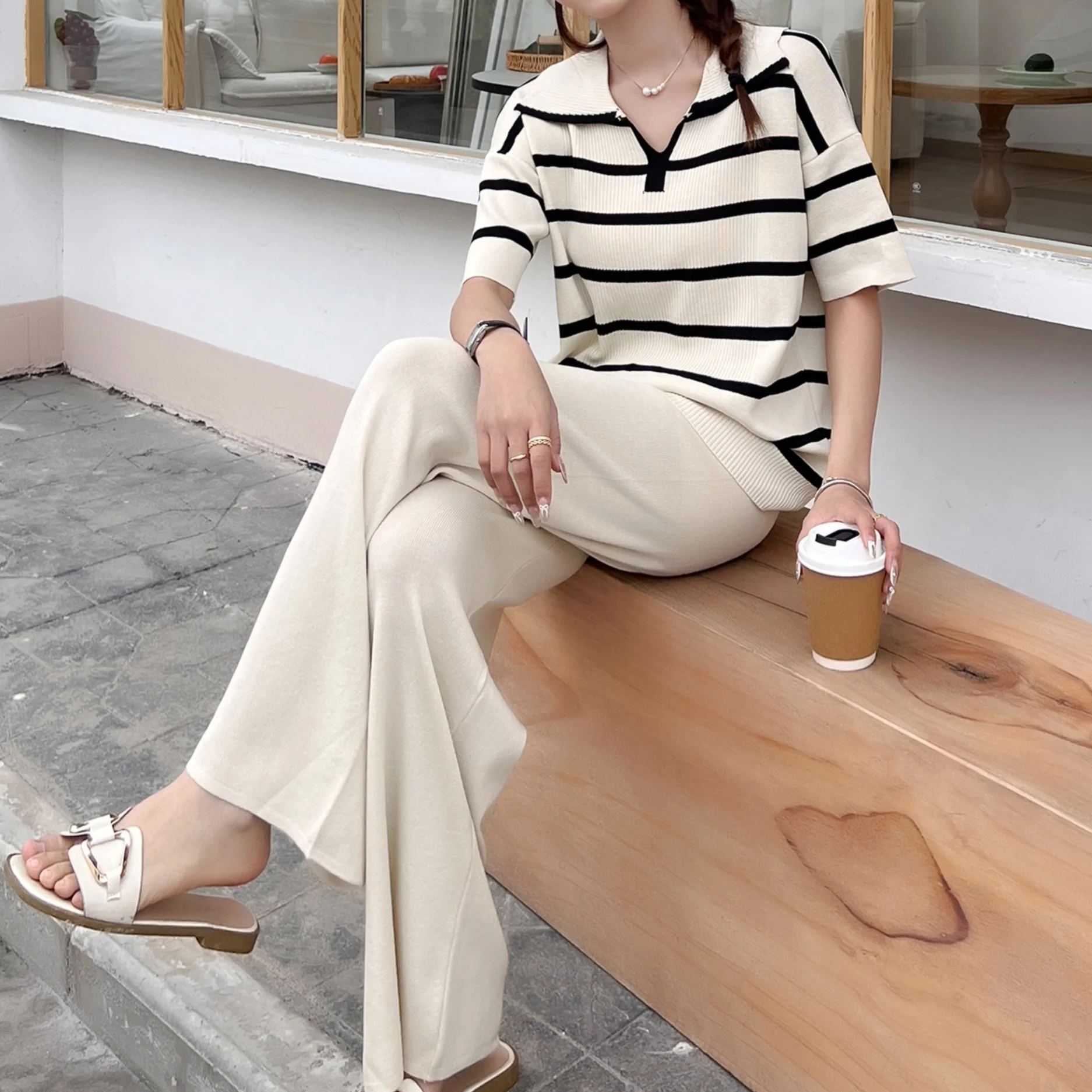 Trend Summer Women\'s Elegant Casual Korean Knitted Sweater Set Strip Short Sleeve Top And Wide Leg Straight Pants 2-Piece Set