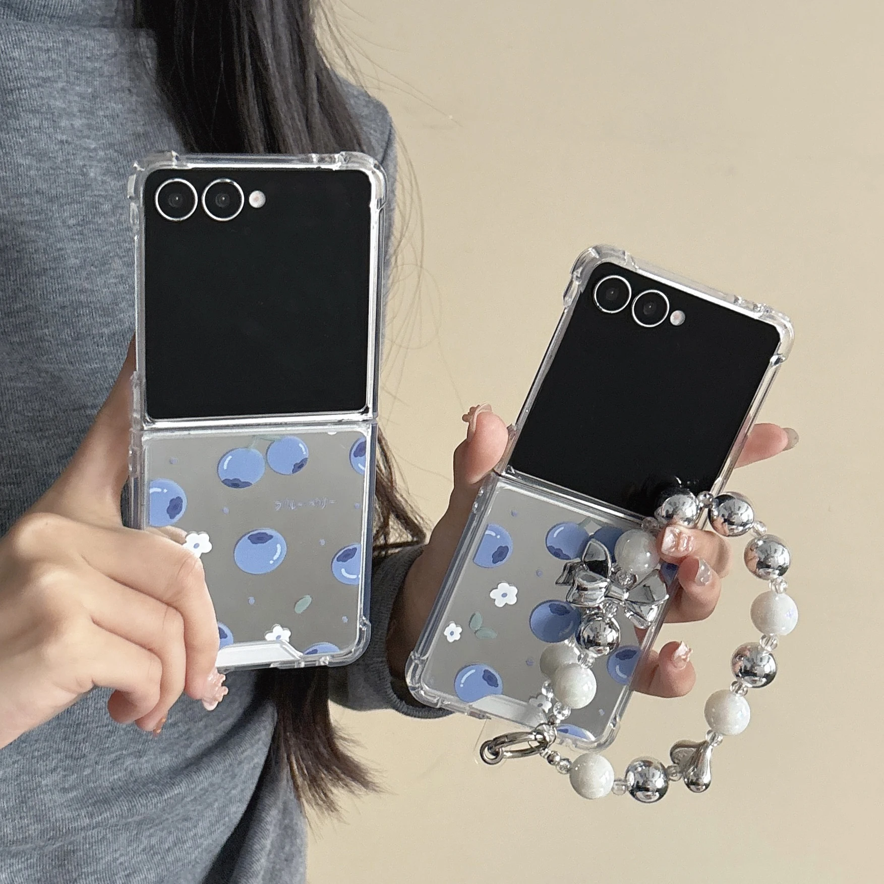 Spiegel Obst Blaubeeren Handyhülle für Samsung Galaxy Z Flip7 6 3 4 5 Z Flip6 Z Flip 6 Z Flip7 mit Lanyard stoßfeste Abdeckung