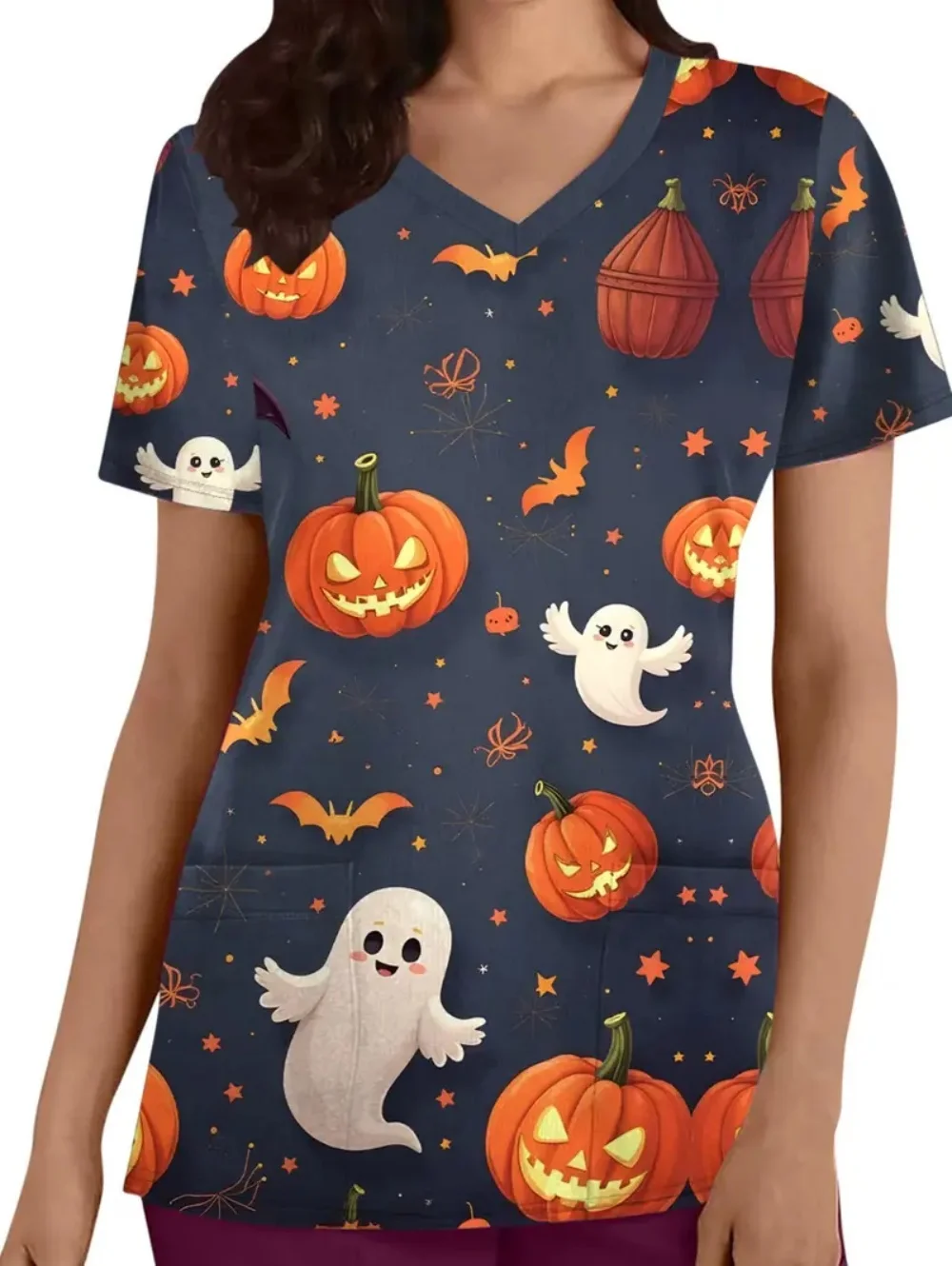 새로운 의료 유니폼 여성 할로윈 시리즈 인쇄 치과 의사 짧은 소매 임상 유니폼 패션 v 넥 여성 수술 스크럽 탑