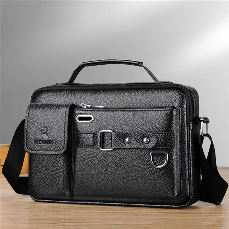 Business Messenger Bag PU Leather Men Shoulder Bag Vintage Male Casual Totes Handbag Cowhide Crossbody Bag Male