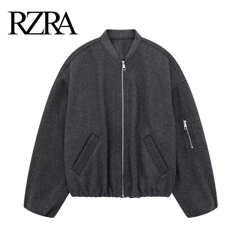 

RZRA original 2024 autumn and winter new women's round neck long sleeve pocket decoration pilot jacket coat casual versatile