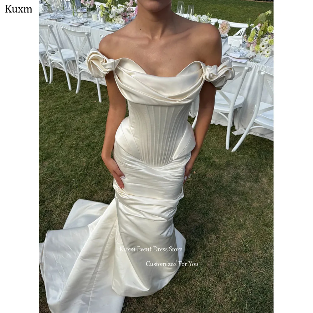 Kuxm Elegant Strapless Mermaid Wedding Dress Off The Shoulder Satin Vestidos De Noiva Backless Long Train Bridal Gown Customized