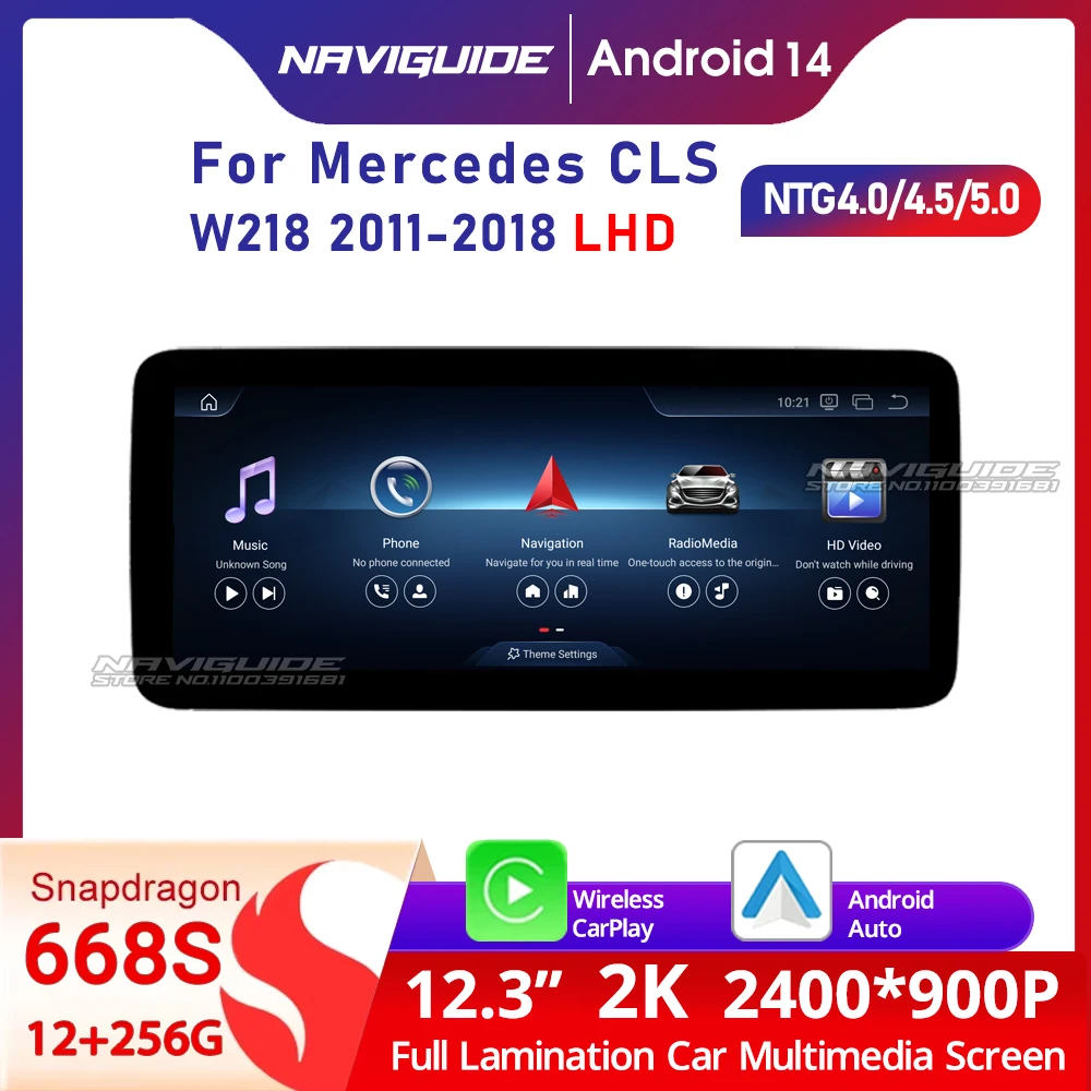 

NAVIGUIDE 12,3 дюйма Android14 для Mercedes CLS Class W218 2011-2018 Автомобильный мультимедийный стерео Carplay 4G WIFI GPS Navi Радиоплеер BT