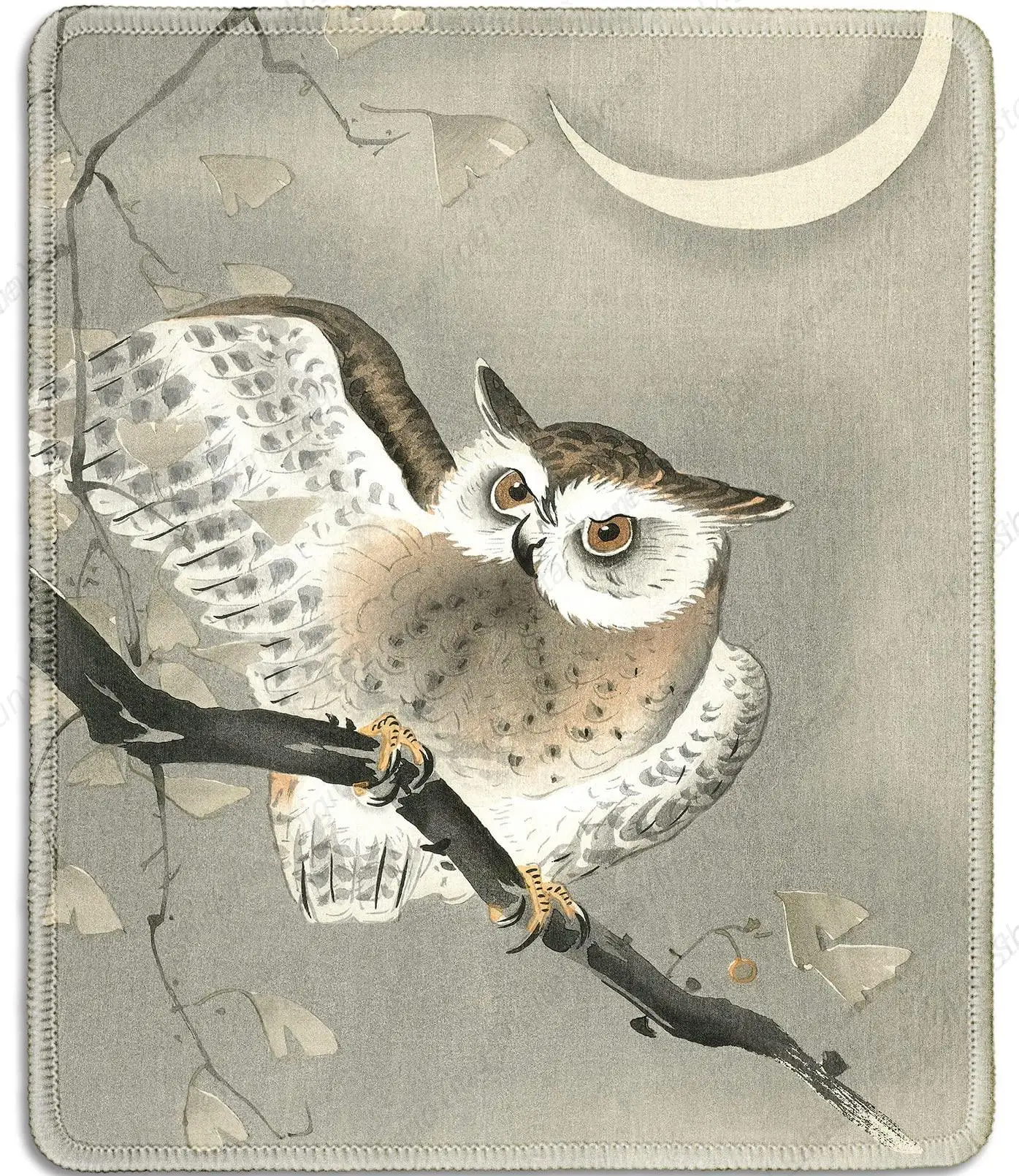 

Artistic Rubber Anti Slip Mouse Pad Printed With Japanese Ukiyo-E Owl On Ginkgo Branch Under New Moon Computer Mouse Pad 25*30cm