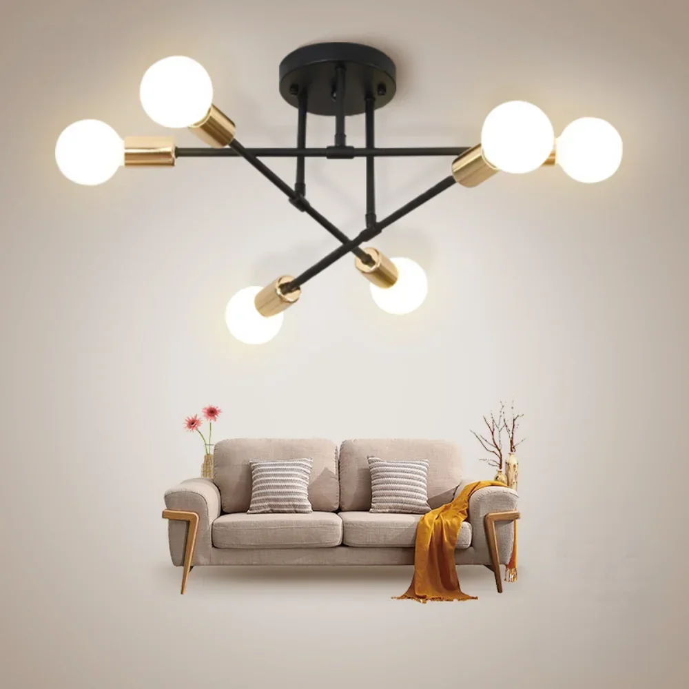 Modern Chandelier, Ceiling Light Fixture Semi Flush Mount 6 Lights Gold Chandeliers Room Bedroom Bulbs Not Included