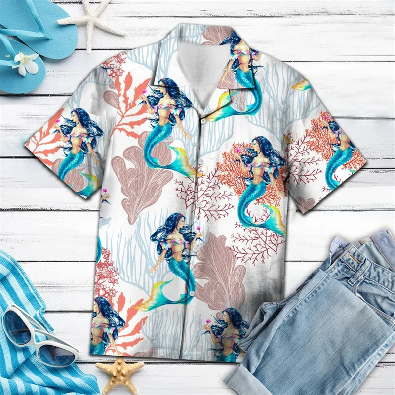 

Fashion Mermaid Pattern Hawaiian Shirts Summer Casual Beach Vacation 3D Printed Shirt Loose Breathable Unisex Holiday Blouses