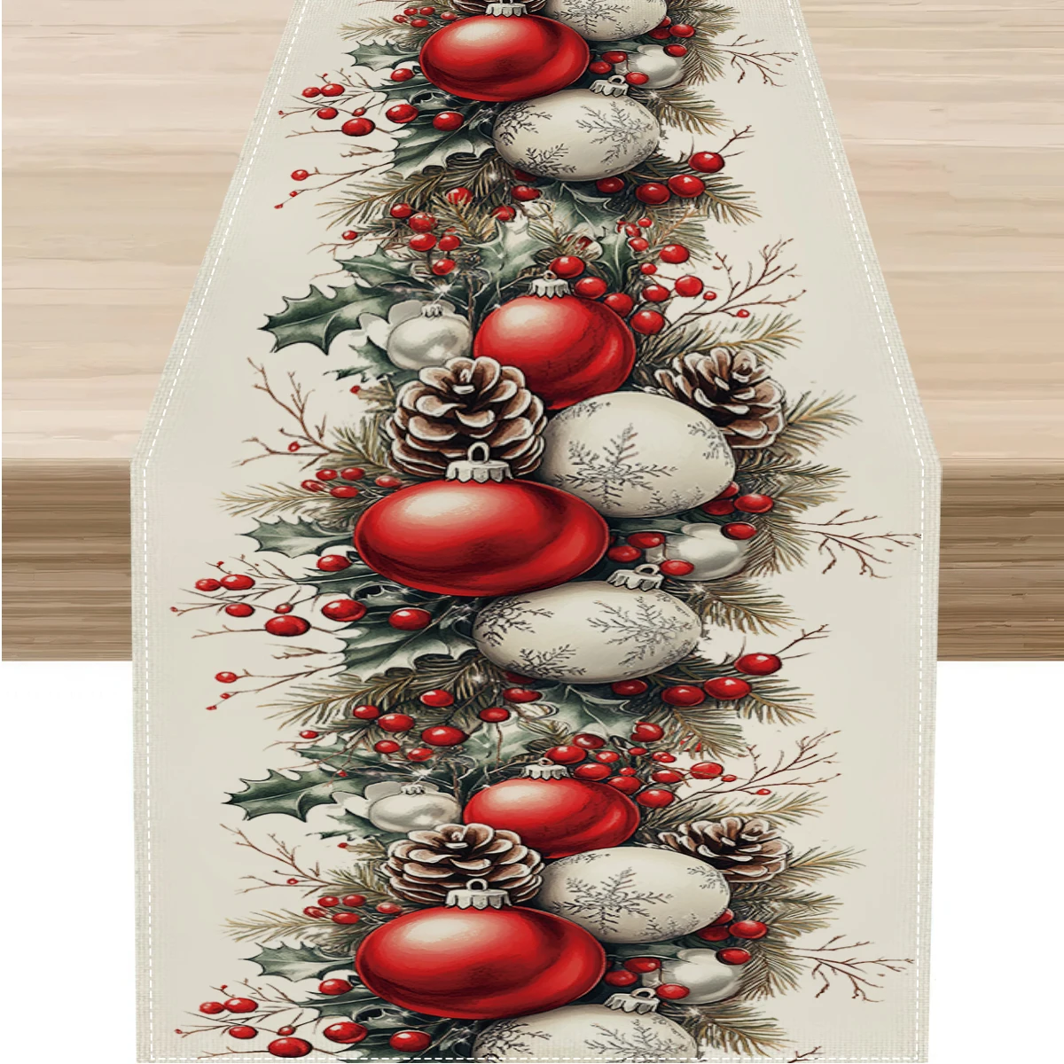 

Christmas Table Runner with Ornaments, Pine Cones & Holly Berries - Xmas Holiday Decor