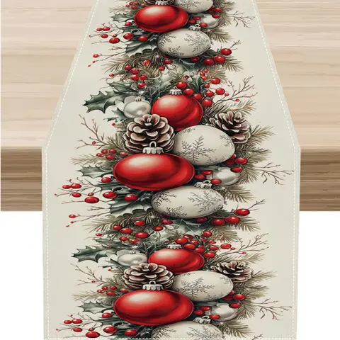 Christmas Table Runner with Ornaments, Pine Cones & Holly Berries - Xmas Holiday Decor