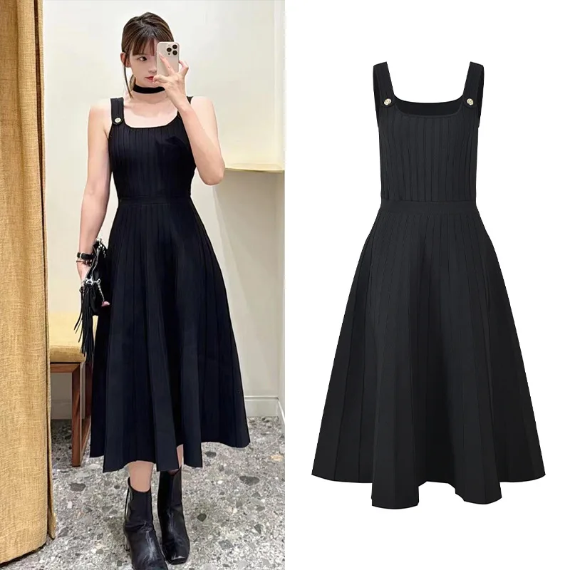 

High-End Version Long Black Knitted Belted Waist Dress Hepburn Style Women's Premium Feel European Fashion Gown without Sleeves