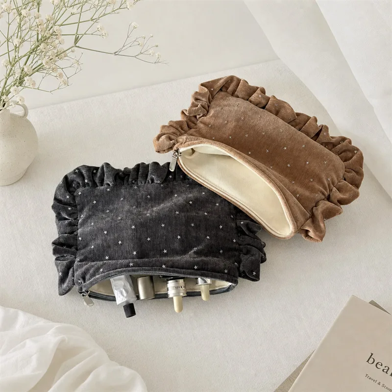 Velvet Silver Foil Star Makeup Bag Korean Ruffle Trim Cosmetic Pouch Aesthetic Women's Clutch Portable Inner Organizer Bag