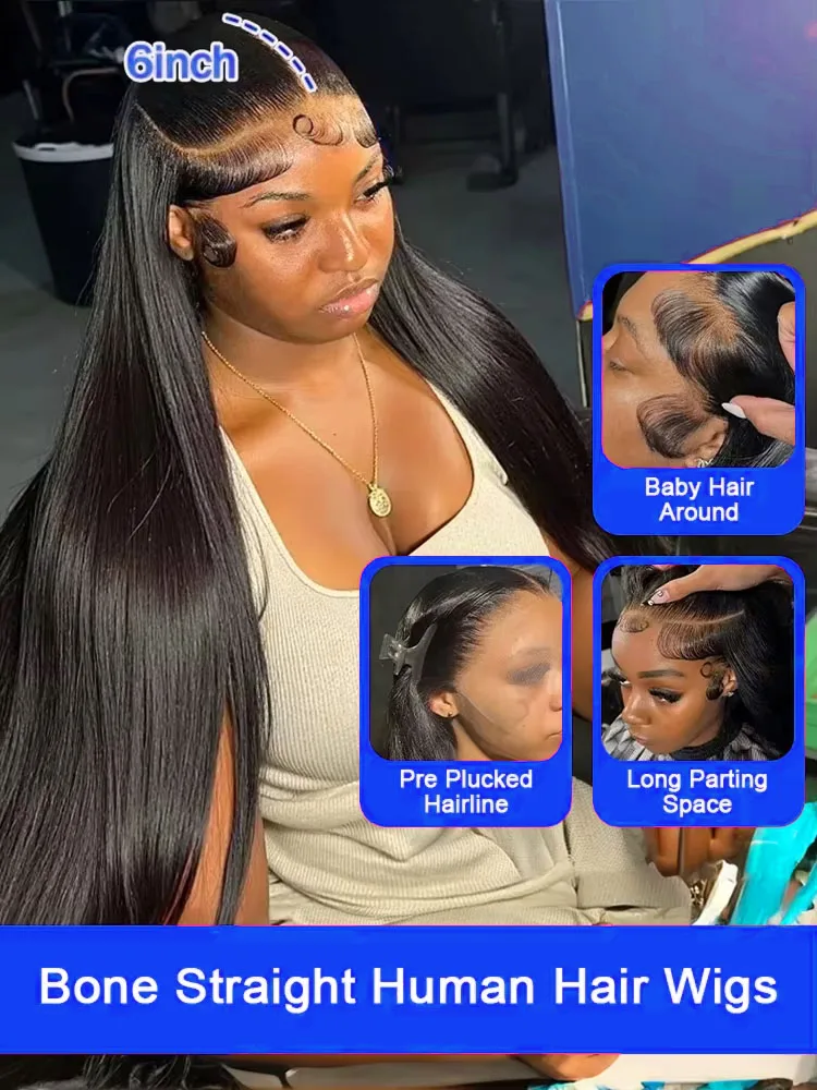 Original Vietnamese Virgin Transparent 13x6 13x4 HD Lace Front Human Hair Wigs Invisible Breathable Swiss Lace Glueless Wig PrePlucked For Women 300 High Density 40 Inch Bone Straight Human Hair Lace  image 4