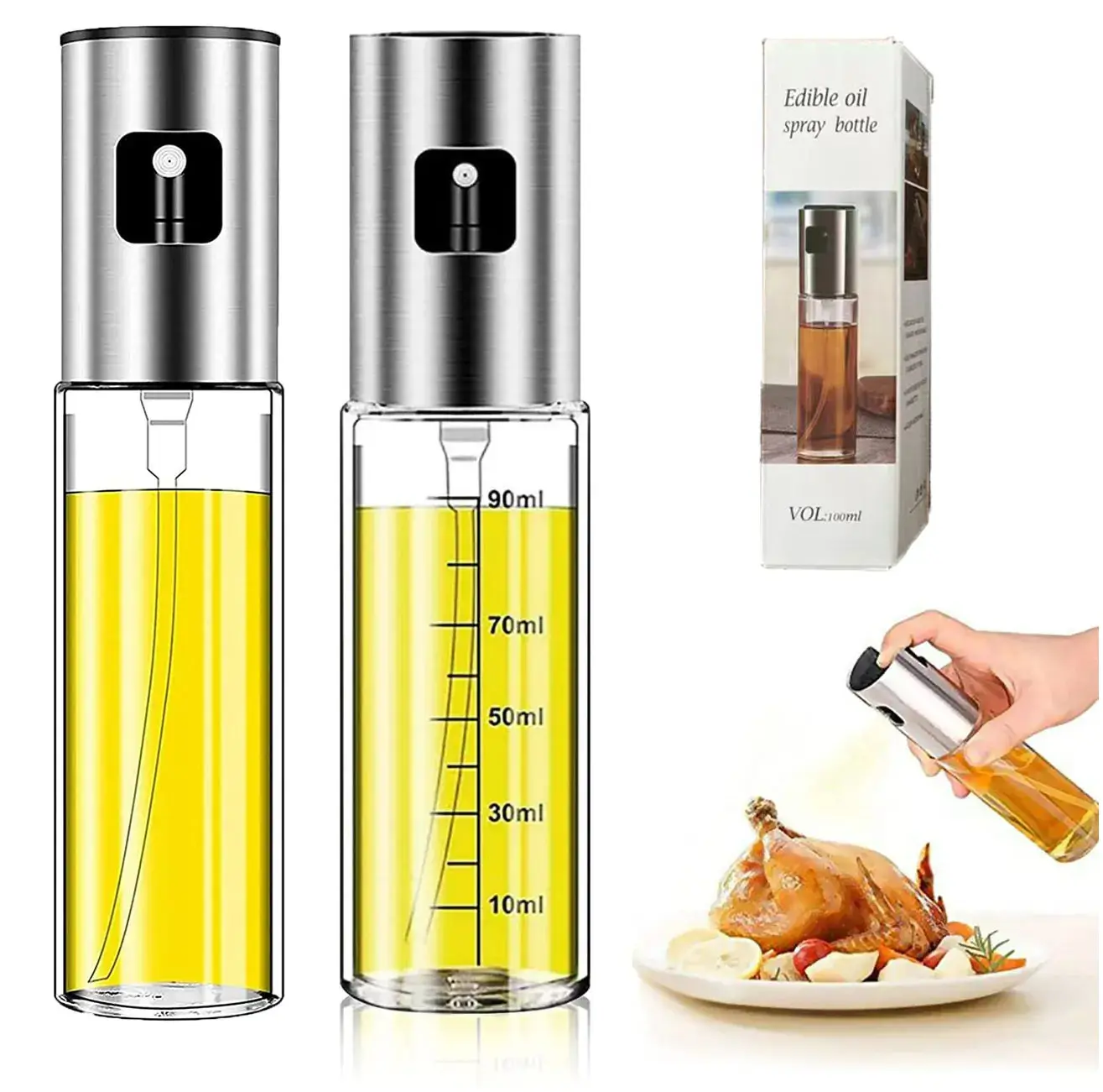 Fashion Cooking Glass Olive Oil Dispensers Spray Bottles Silver 100ml Eco-Friendly Best Bbq Dishwasher Safe Tool for Air Fryer