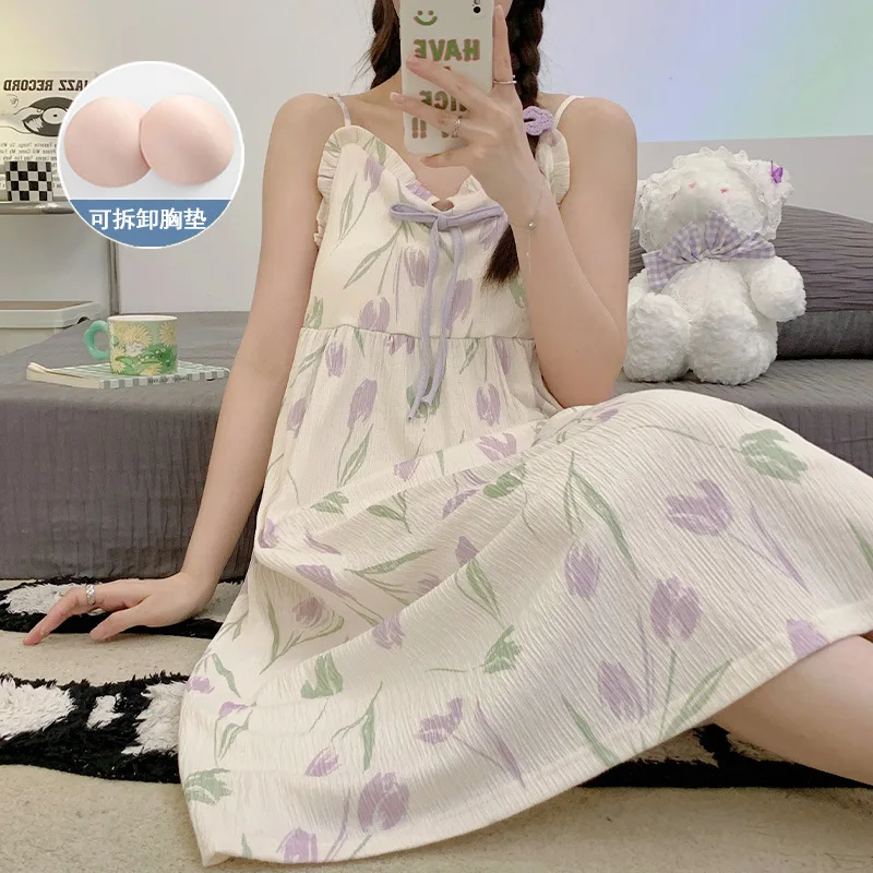 M-2XL Große Größe Schlaf Kleid Weibliche Sommer Süße Floral Sling Pyjamas Mittellanges Kleid Homewear Ärmellose Loungewear