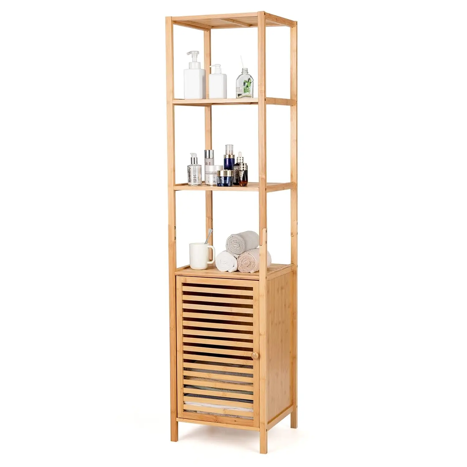 

4-Tier Slim Bamboo Storage Cabinet with Shutter Door Anti-Tip Freestanding Corner Tower for Bathroom Living Kitchen, Customized