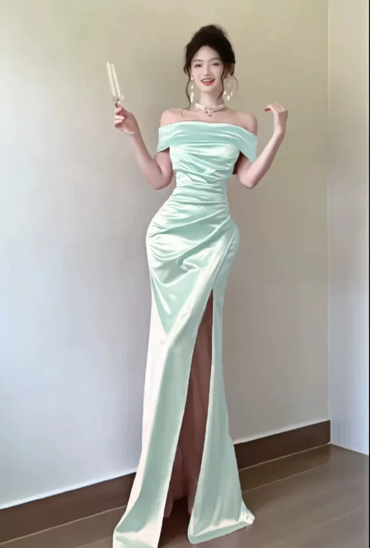 Ladies Maxi Evening Gown Off Shoulder Satin Dress Ruched Waist High Side Slit For Wedding Guest