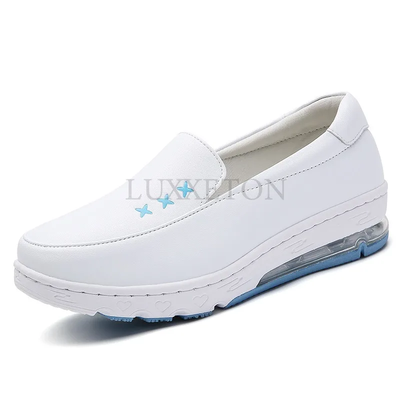 Genuine Leather Air Cushion Nurse Shoes for Women Spring New Soft Sole Breathable Anti Slip Flat Bottomed Medical Shoes