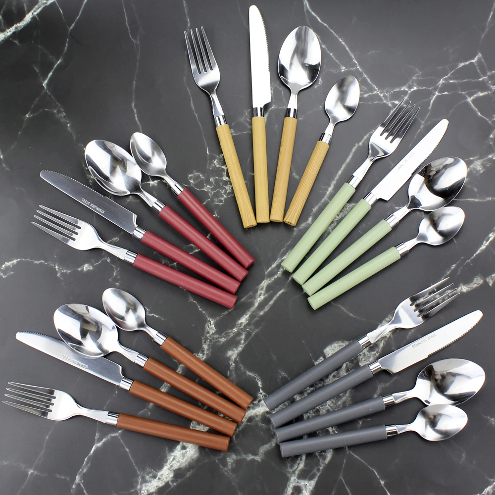 Colorful Handy Cutlery 4 In 1 Set Plastic Handle Mirror Stainless Steel Knife Fork Spoon Eco Friendly Flatware For Home Canteen