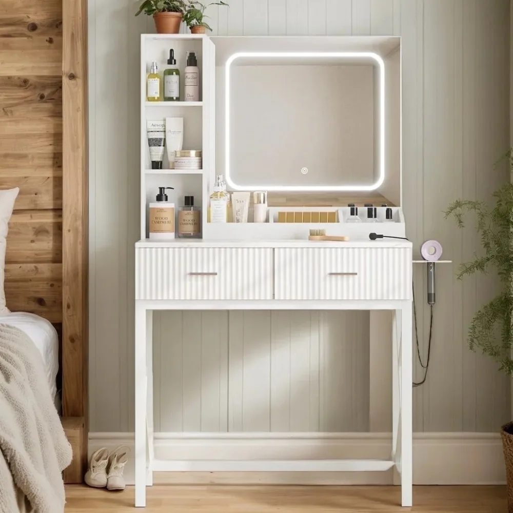 Vanity Desk moderno con specchio, Vanity per trucco per adulti con luci LED regolabili tricolore, 2 cassetti, 3 ripiani per camera da letto