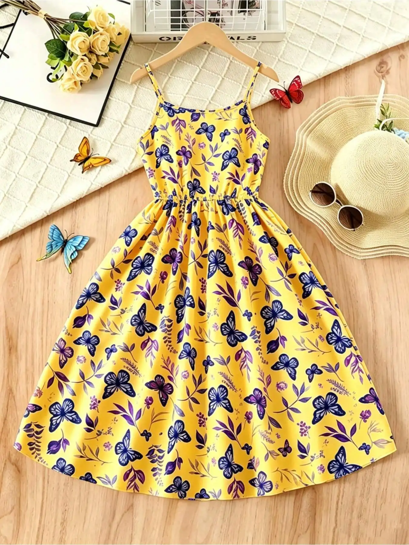 Children's Casual round Neck Suspender Dress Sleeveless Butterfly Leaf Print Waist Cinching Mid-Length Skirt Comfortable Clothin