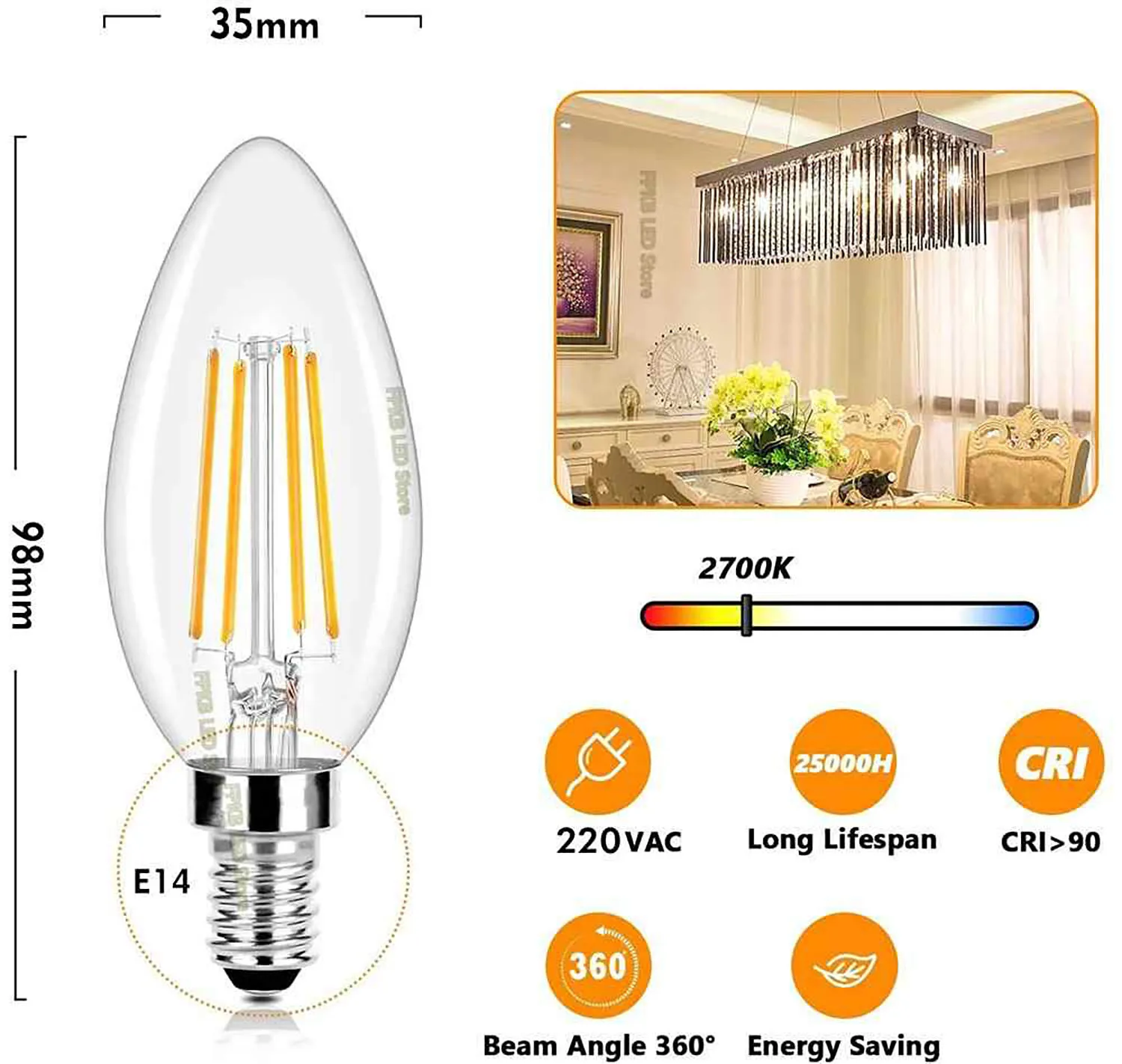 10pcs 6W 4W 2W E14 LED Bulb AC220/240V Filament Candle Light C35 Edison Glass Bulb Retro Antique Vintage Style Cold White Warm