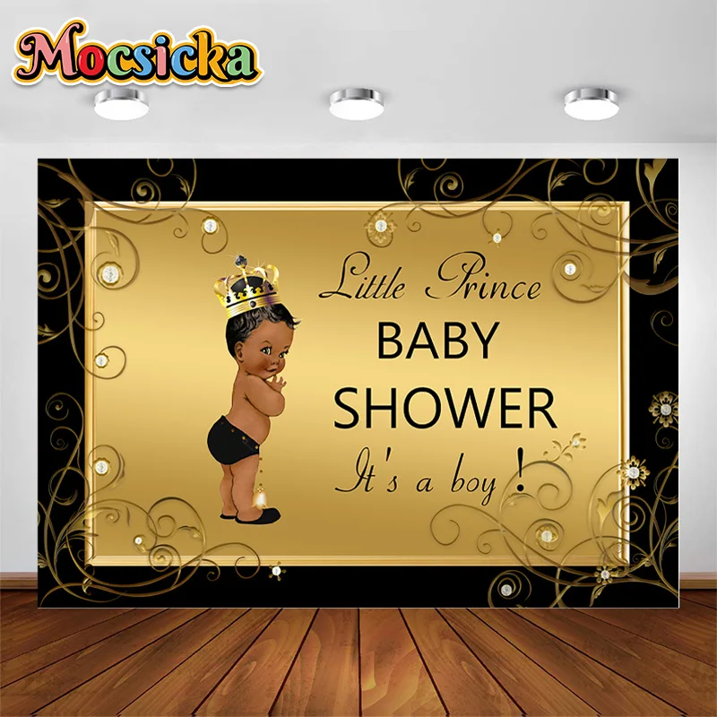 

Little Prince Black Baby Shower Backdrop Little Boy Baby Shower Party Banner Decoration Backdrops Royal Black Gold Crown