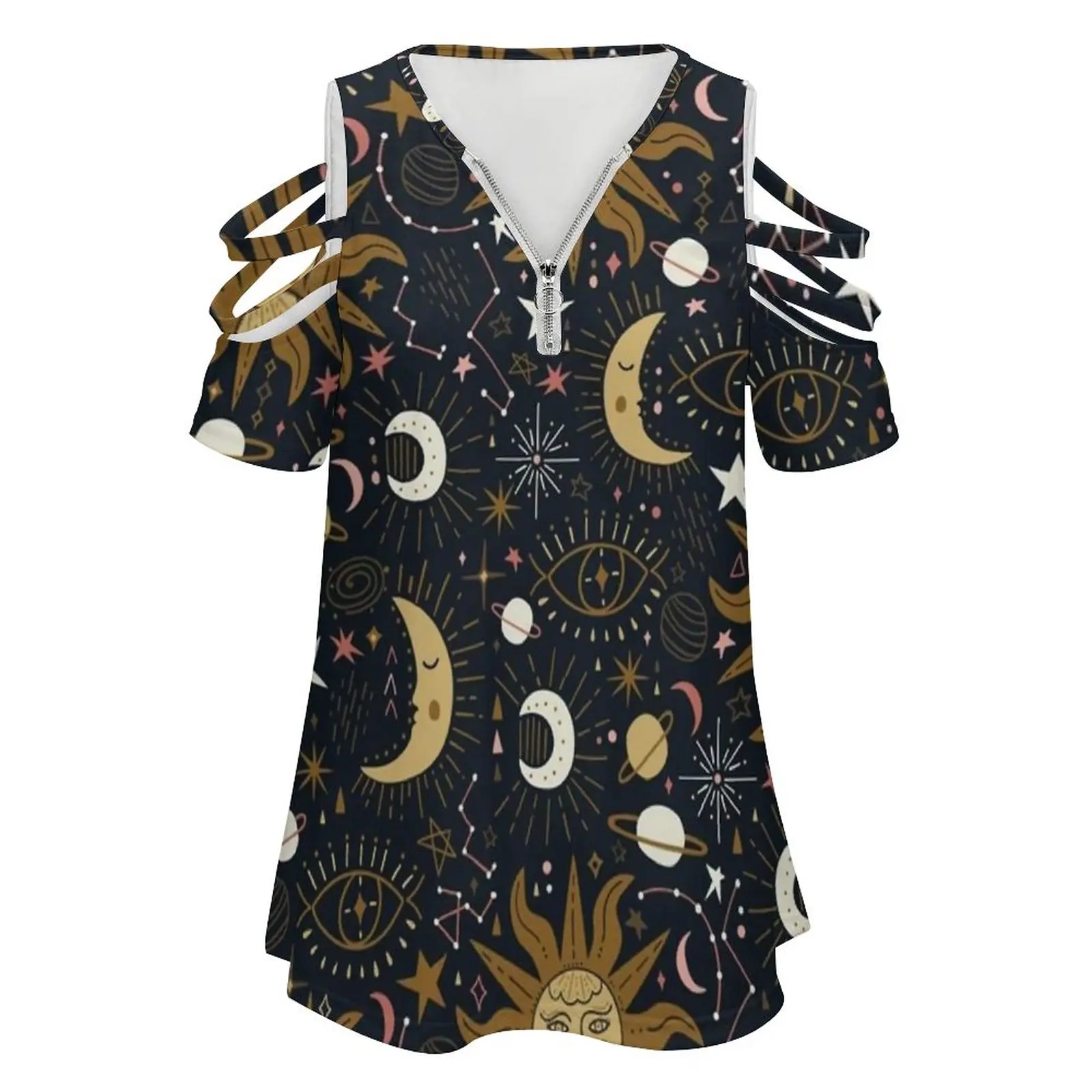 Heavenly Women's T-Shirt Summer Fashion Print Floral V-Neck Zipper Tshirt Hollow Pullover Ladies Top Sun Moon Stars Magical