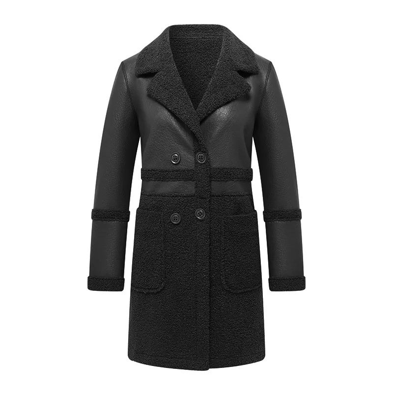 Veste en cuir épais polaire Double face pour femme, manteau automne-hiver, Double boutonnage, ample, vêtements d'extérieur en PU, hauts décontractés