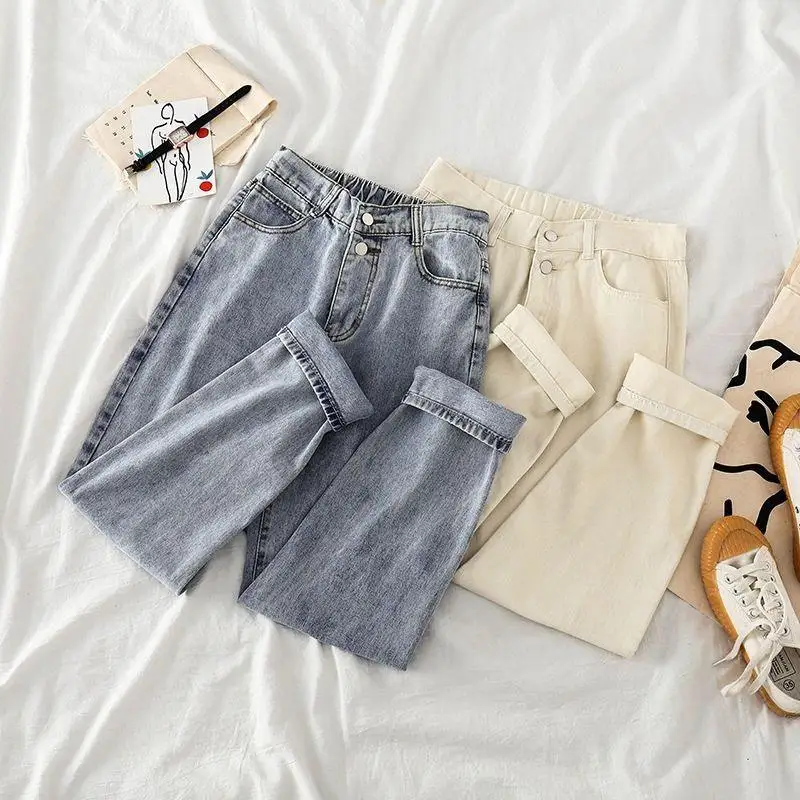 

Широкие джинсы с высокой талией, женские прямые джинсы, осенний сезон, универсальные студенческие джинсы, уменьшающие возраст, свободный крой, модные девять...