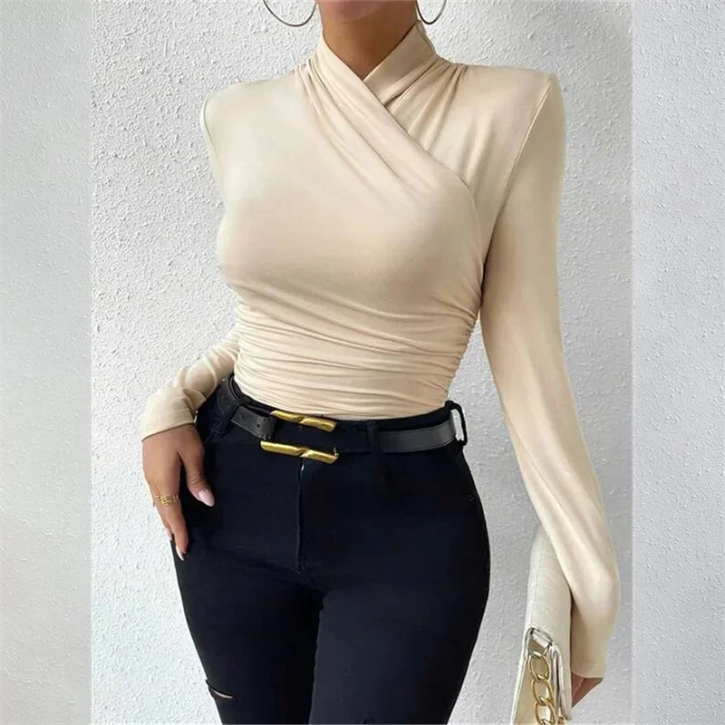 2024 Fashion Crossover Neck Pullover T-Shirt Women Solid Color Slim Pleated Tops Female Commuter Casual Autumn Long Sleeve Tees